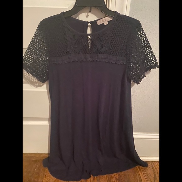 LOFT Dark Navy Blue Dress with Mesh Knit sleeve - Picture 1 of 2
